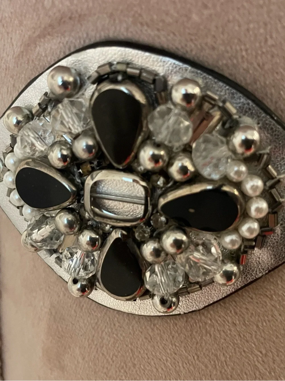 Chico's Silver-Tone Belt with Black Stones & Pearl Accents